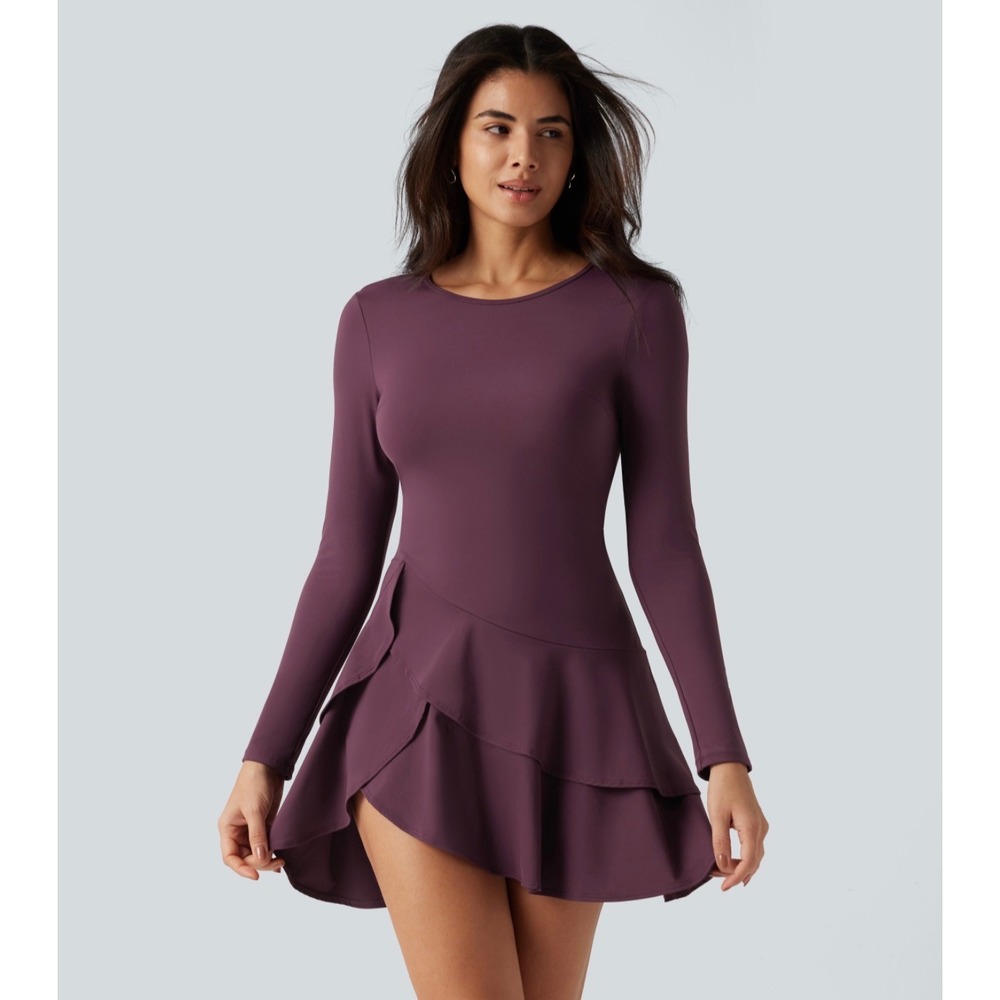 Halara InstantCool Long Sleeve Layered Ruffle Hem Mini Dress Plum Purple XS